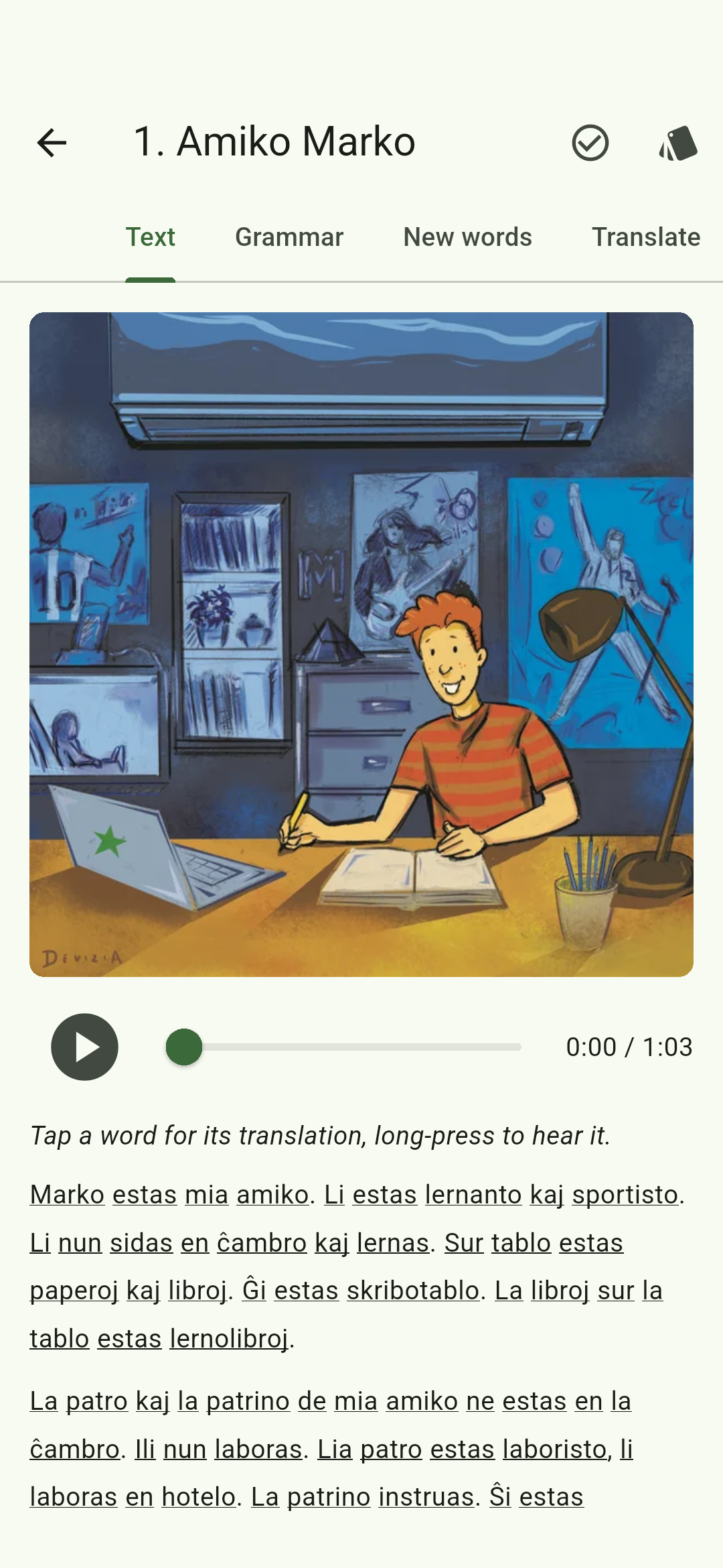 A Parolejo lesson: an illustration, an audio player, and Esperanto text with tap-to-translate